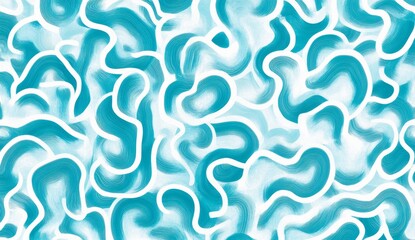Aqua blue and white pattern of squiggles on a plain white background