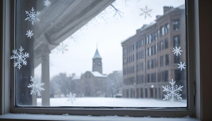 A snowy day with snowflakes on a window, and the blurred silhouette of a building outside
