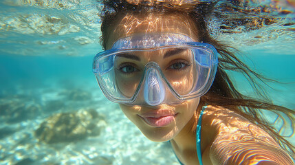 Fototapeta premium A young woman wearing snorkel gear explores underwater, surrounded by colorful corals and shimmering sunlight filtering through the water