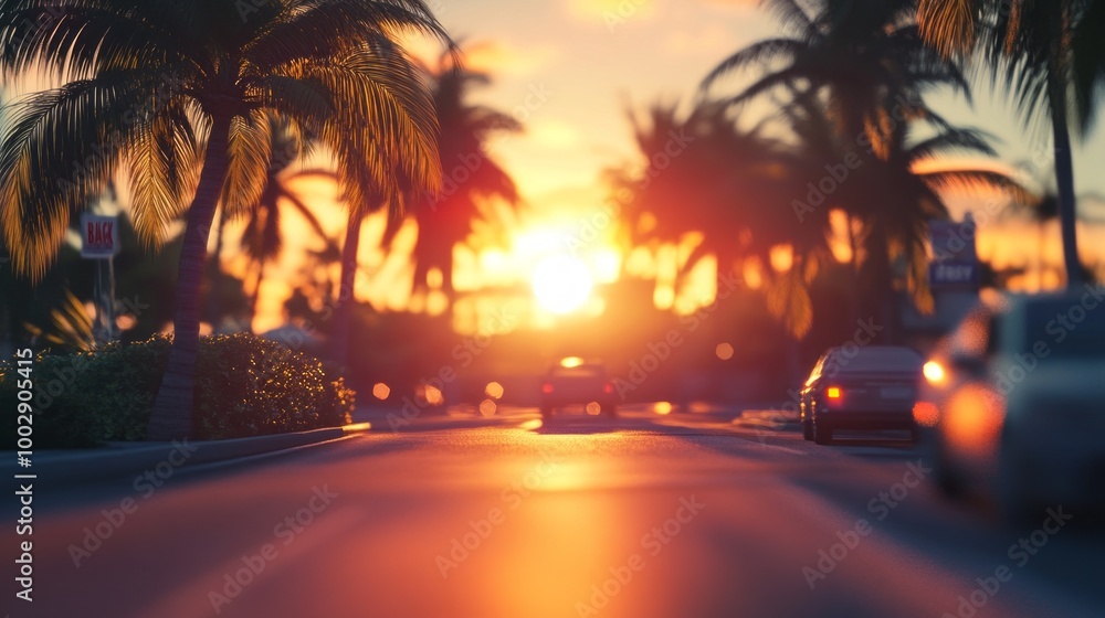 Poster a blurry image of a street with cars and palm trees in the background