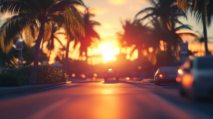 A blurry image of a street with cars and palm trees in the background