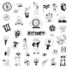  Symbols of history doodle set, hand drawn people characters, historical monuments, objects and signs isolated vector elements