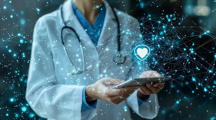 A doctor holds a virtual health symbol and accesses electronic medical records, with network lines connecting to other healthcare providers