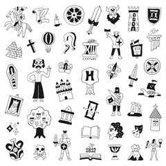  Symbols of history doodle set, hand drawn people characters, historical monuments, objects and signs isolated vector elements