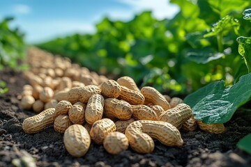 A bunch of peanuts are scattered on the ground in a field