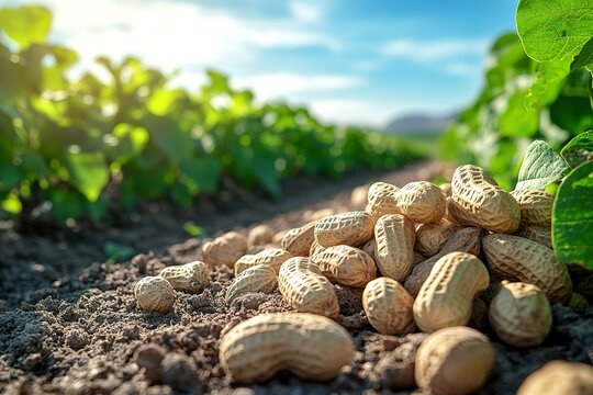 A field of peanuts is shown with a bright blue sky in the background
