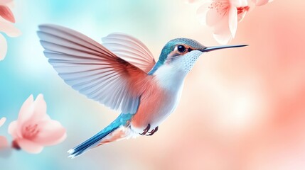 A vibrant hummingbird in mid-flight, showcasing exquisite colors against a soft pastel background.