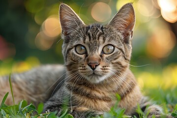 Obraz premium A beautifully detailed photograph of a tabby kitten lying on green grass with a soft bokeh background and warm lighting, capturing the essence of a serene outdoor moment