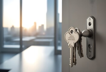 A set of house keys hanging on a door handle in an office setting, with a blurred background of a window and cityscape