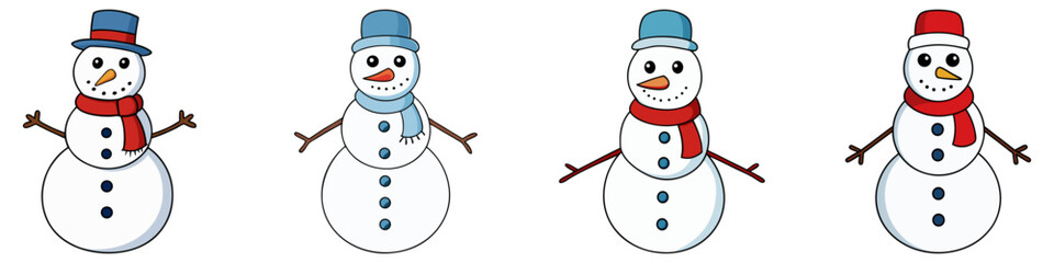 Snowman icons set. Cartoon character snowman. Snowman with hat and scarf. Christmas decor. Vector illustration.