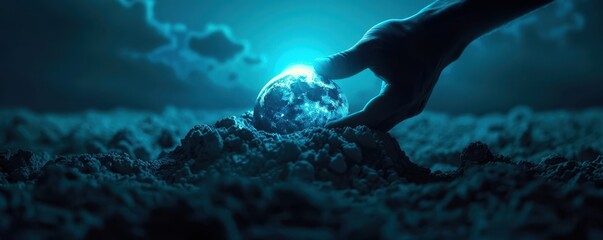 Fototapeta premium A hand reaching towards a glowing orb in a dark, mystical landscape.