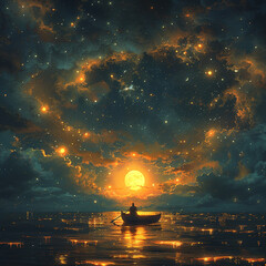 night scenery of a man rowing a boat among many glowing moons floating on the sea, digital art style, illustration painting 1