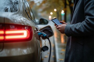 Businessman holding smartphone while charging car at electric vehicle charging station, closeup, Generative AI