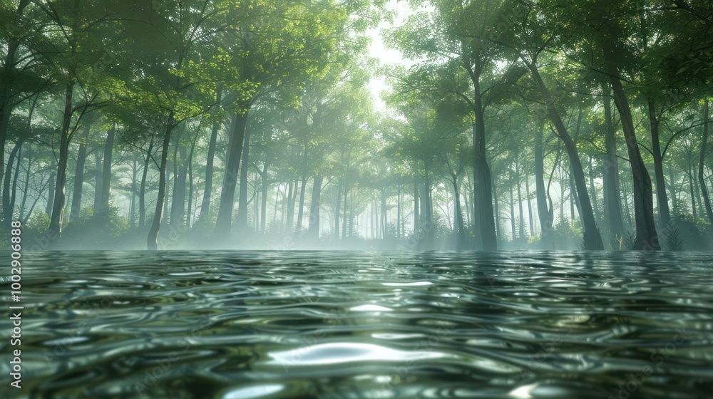 Poster a misty forest path leads through a tranquil river with sunlight filtering through the trees.