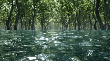 Fototapeta premium A serene and peaceful flooded forest, the sun shining through the canopy creating a sense of tranquility.