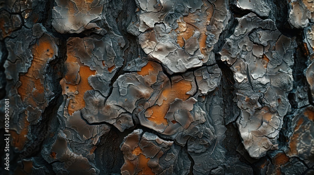 Poster close-up of a tree bark with a textured and rough surface, showcasing natural patterns and colors.