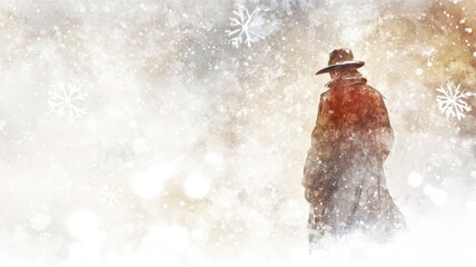 Watercolor Christmas caroler with flowing brushstrokes and delicate washes of color, surrounded by softly painted snowflakes and a serene, snowy winter night backdrop. Christmas carolers