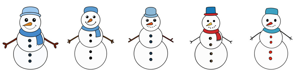 Snowman icons set. Cartoon character snowman. Snowman with hat and scarf. Christmas decor. Vector illustration.
