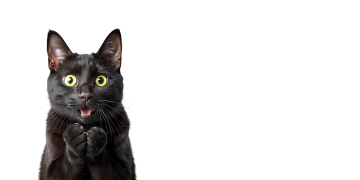 surprised black cat with copy space and transparent background PNG