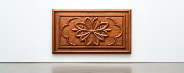 Wooden art panel in a gallery setting, intricate design, focused lighting, minimalist decor, neutral walls highlighting rich wood grain and hand-carved details