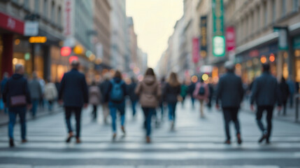 Obraz premium Blurred and grainy image of people crossing a street in an urban environment
