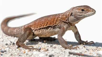 Fototapeta premium A brown lizard with a long tail stands on a white background.