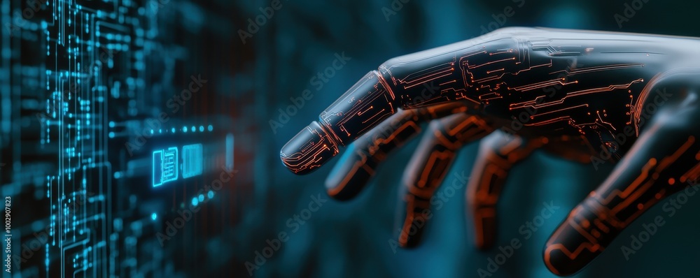 Poster robotic hand interacting with futuristic digital interface, showcasing advanced technology and ai in