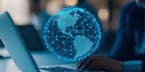 A digital globe with glowing connections between office workers on laptops, symbolizing global connectivity and technology in business