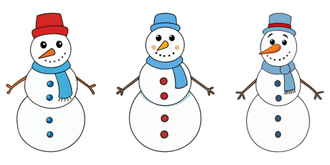 Snowman icons set. Cartoon character snowman. Snowman with hat and scarf. Christmas decor. Vector illustration.
