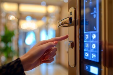 Closeup of a woman's finger entering password code on the smart digital touch screen keypad entry door lock in front of a hotel room or apartment, Modern security, Keyless, Smart device concept