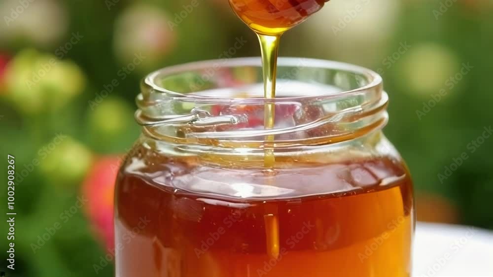Poster close-up shot of honey dripping from a honey dipper into a glass jar.. ai generation