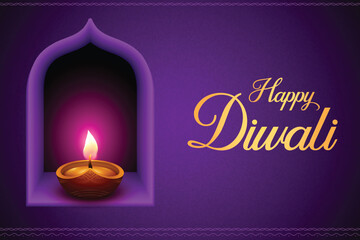 Realistic Illuminated Oil Lamp Sitting On Window Wall On Purple Background. Diwali Festival Of Lights Celebration Background Concept Vector Illustration. 