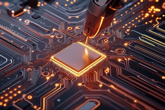 Advanced robotic assembler placing a microchip onto a glowing circuit board, reflecting the fusion of technology, robotics, and the future of electronics production