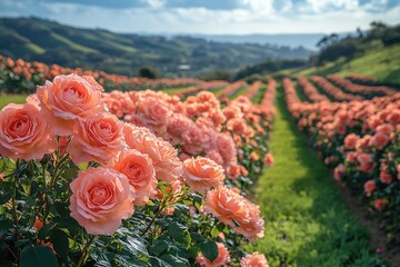 A field of pink roses with a clear blue sky in the background