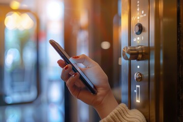 Closeup of a woman's finger entering password code on the smart phone and digital touch screen keypad entry door lock in front of a hotel room or apartment, Modern security, Smart device concept