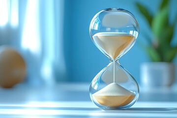 A glass sand timer with a white background