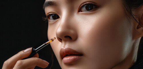 Asian model woman applies dark brown lipstick to her nose. Close-up view of facial beauty studio promo with blurred background. High-resolution photo shows detailed makeup process.