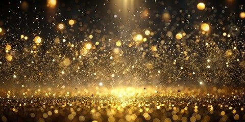 Abstract background of golden glitter particles falling with shallow depth of field