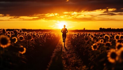 Fototapeta premium Person jogging in a sunflower field at sunset, vibrant colors and scenic view.