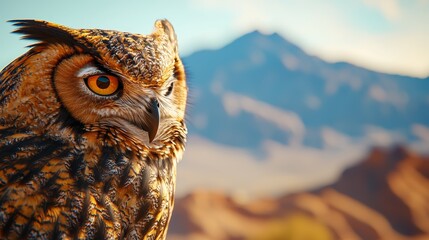 Detailed macro shot of an owl s eye with a mirrored mountain view, evoking the mystery and intelligence of the owl in its natural habitat