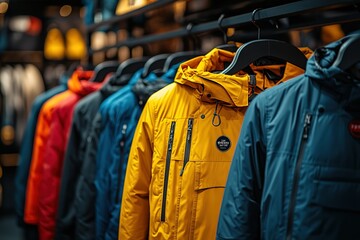 Fototapeta premium A rack of jackets with one of them being yellow
