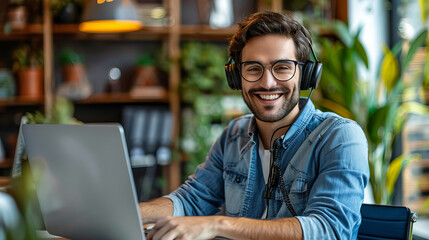 Fototapeta premium Cheerful man wearing headphones working on laptop in a cozy cafe, surrounded by greenery, exuding a relaxed and productive vibe.