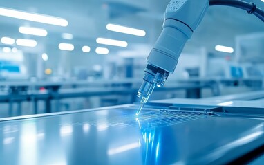 High-tech industrial robot working in an automated production line, performing precise tasks in a sterile, modern facility, reflecting the future of manufacturing