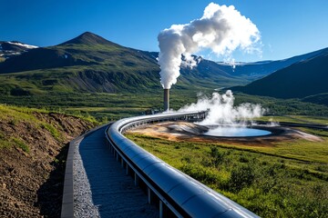A geothermal power plant with steam rising from the ground, showcasing how geothermal energy is used for low-carbon electricity generation