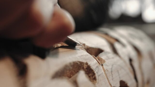 Camera view of piece of wood getting peeled by sharp instrument. Person using chisel for working with beam. Using tools in carpentry. In background window with bright sunlight. Manufacturing process.