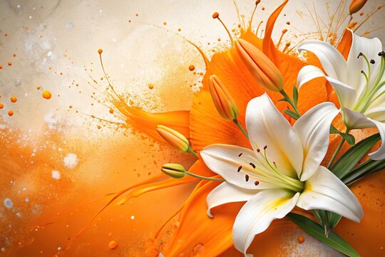 Abstract background of liliaceae with orange and white paint splashes silhouette