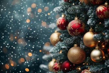 Christmas tree with red and golden baubles and lights bokeh background. Space for text. Copy space. Greeting card.