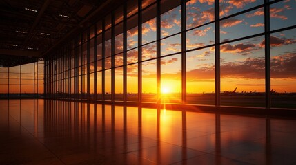 Airport terminal at sunset with reflections on the polished floor.