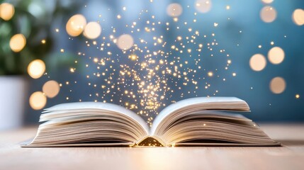 An open book emitting magical sparks, beautifully illuminated in a cozy setting.