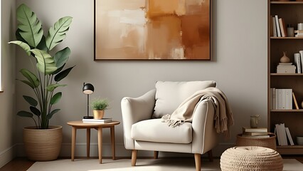 Modern living room interior featuring cozy, plush white sofas a wooden side table with decorative items, and minimalist decor. The space is enhanced by a large abstract painting and a soft rug.
